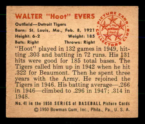 1950 Bowman Baseball #041 Hoot Evers Tigers EX+/EX-MT 557280