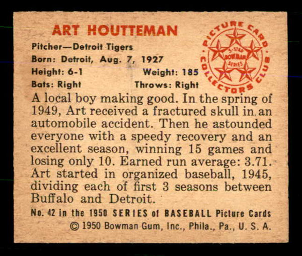 1950 Bowman Baseball #042 Art Houtteman Tigers EX-MT 557281