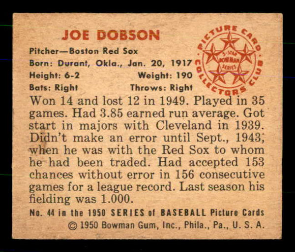 1950 Bowman Baseball #044 Joe Dobson Red Sox EX-MT 557282