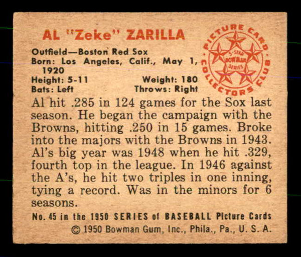 1950 Bowman Baseball #045 Al Zarilla Red Sox EX-MT 557283