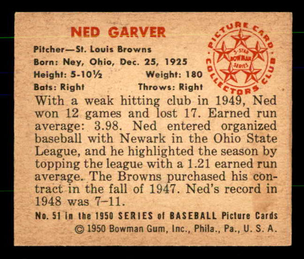1950 Bowman Baseball #051 Ned Garver Browns EX+/EX-MT 557287