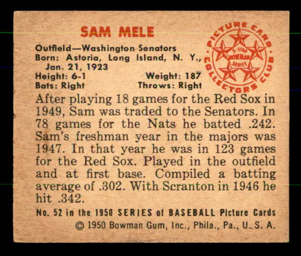 1950 Bowman Baseball #052 Sam Mele Senators EX-MT 557288