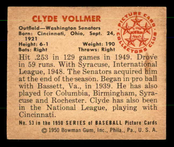 1950 Bowman Baseball #053 Clyde Vollmer Senators EX-MT 557289
