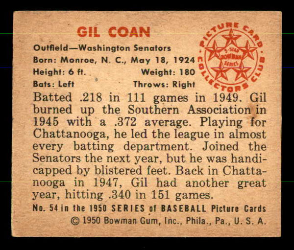 1950 Bowman Baseball #054 Gil Coan Senators EX-MT 557290