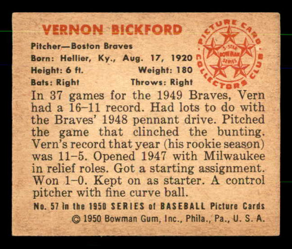 1950 Bowman Baseball #057 Vern Bickford Braves EX-MT 557293