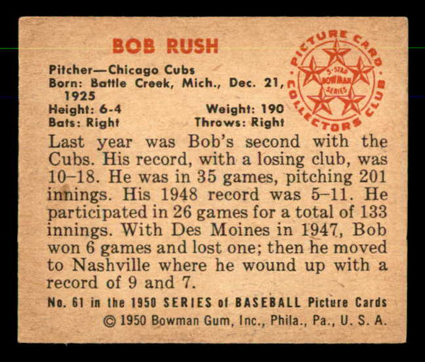 1950 Bowman Baseball #061 Bob Rush Cubs EX-MT 557295
