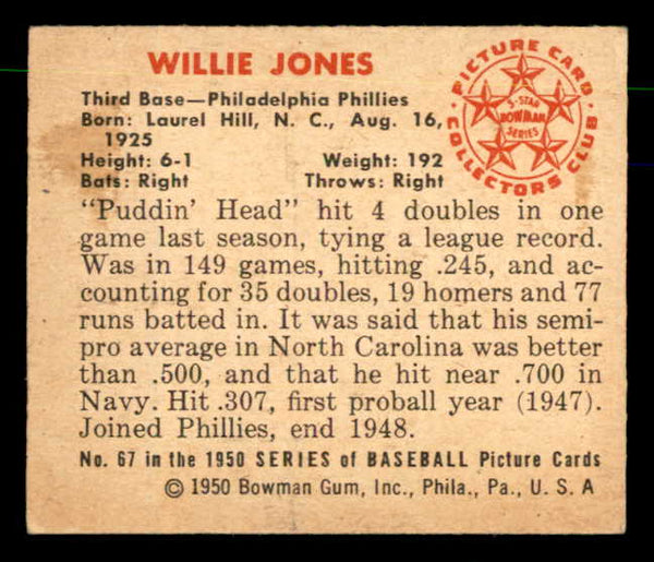 1950 Bowman Baseball #067 Willie Jones Phillies EX-MT 557297