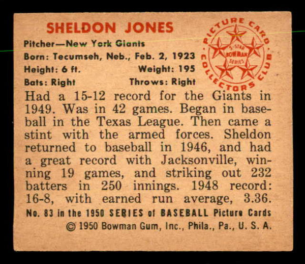 1950 Bowman Baseball #083 Sheldon Jones Giants EX-MT 557301