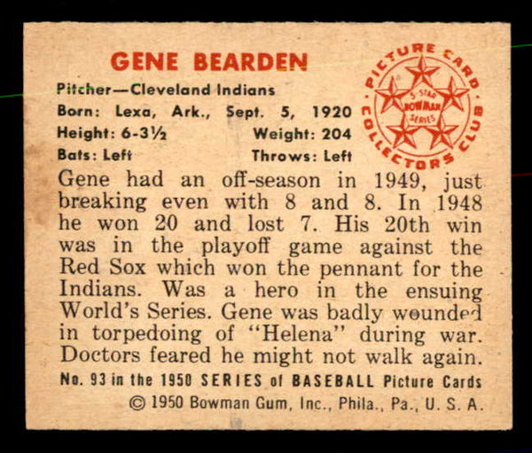 1950 Bowman Baseball #093 Gene Bearden Indians EX-MT 557303