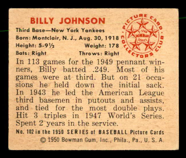 1950 Bowman Baseball #102 Billy Johnson Yankees EX-MT 557304