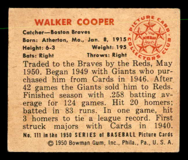 1950 Bowman Baseball #111 Walker Cooper Braves EX-MT 557306