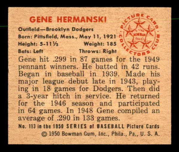 1950 Bowman Baseball #113 Gene Hermanski Dodgers EX-MT 557307
