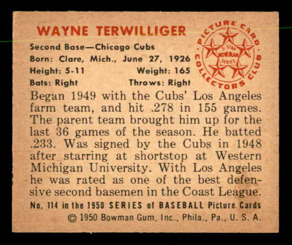 1950 Bowman Baseball #114 Wayne Terwilliger Cubs EX-MT 557308
