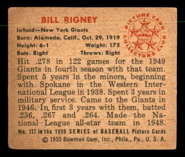 1950 Bowman Baseball #117 Bill Rigney Giants EX-MT 557309