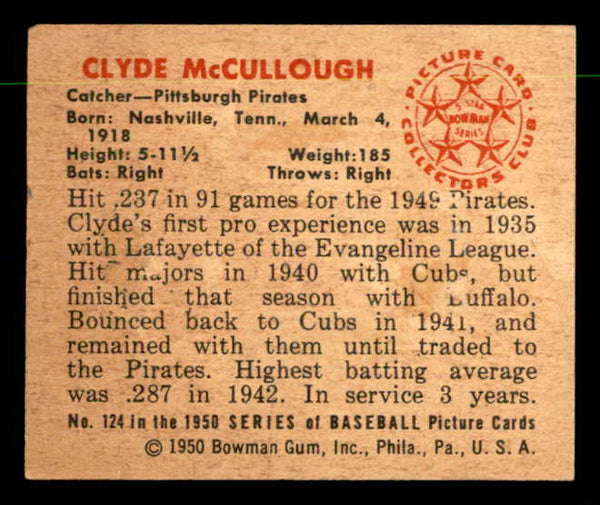 1950 Bowman Baseball #124 Clyde Mccullough Pirates EX-MT 557312