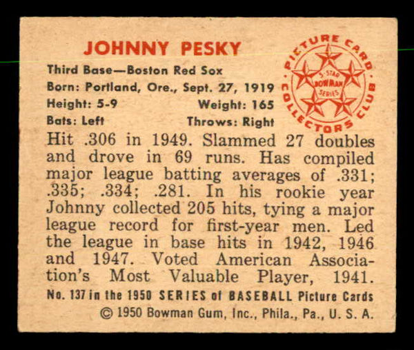 1950 Bowman Baseball #137 Johnny Pesky Red Sox EX-MT 557317