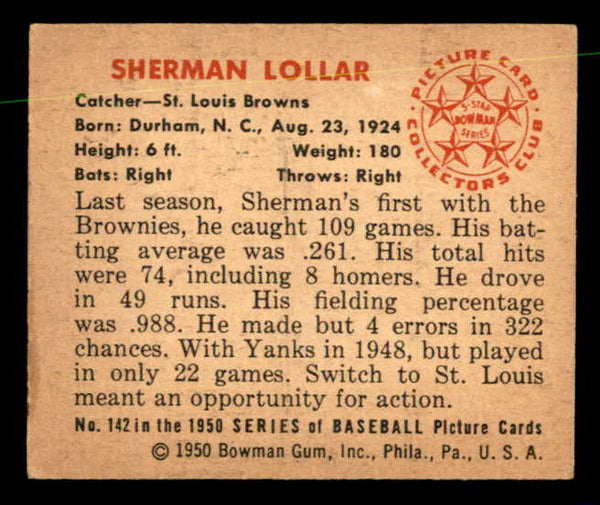 1950 Bowman Baseball #142 Sherm Lollar Browns EX-MT 557319