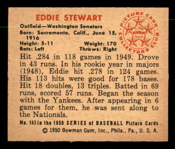 1950 Bowman Baseball #143 Eddie Stewart Senators EX-MT 557320