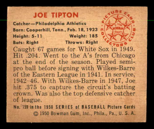 1950 Bowman Baseball #159 Joe Tipton A's EX-MT 557327