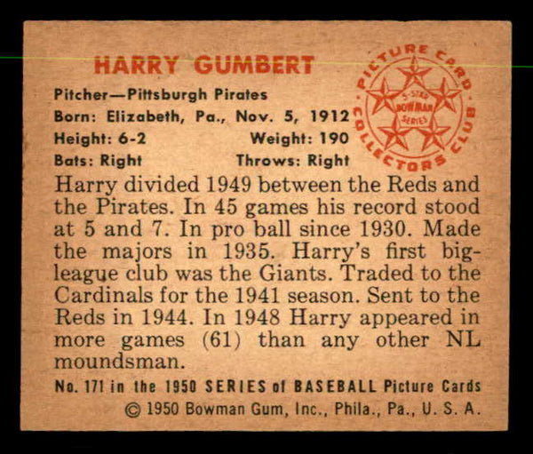 1950 Bowman Baseball #171 Harry Gumbert Pirates EX-MT 557329