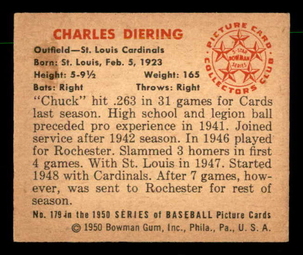 1950 Bowman Baseball #179 Chuck Diering Cardinals EX-MT 557336