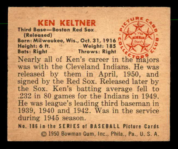 1950 Bowman Baseball #186 Ken Keltner Red Sox EX-MT 557340