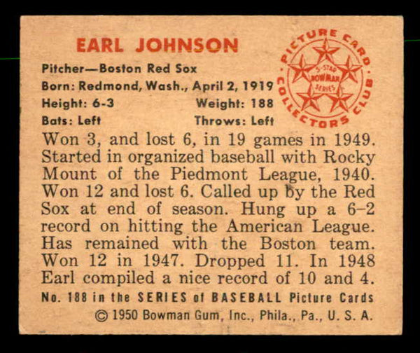 1950 Bowman Baseball #188 Earl Johnson Red Sox EX-MT 557341