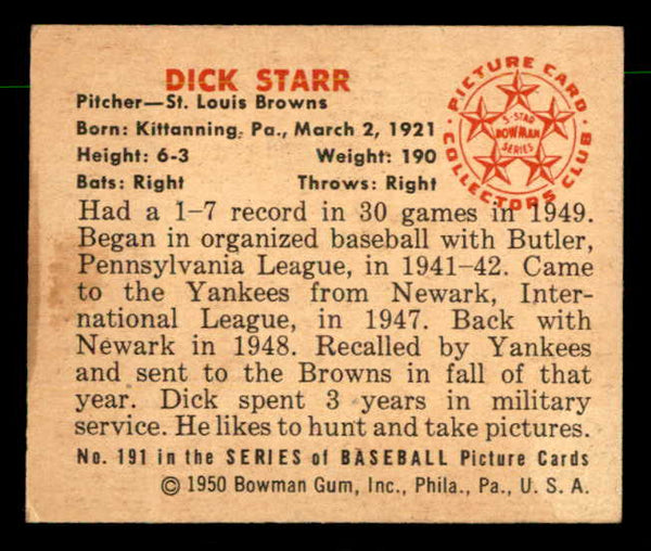1950 Bowman Baseball #191 Dick Starr Browns EX-MT 557343