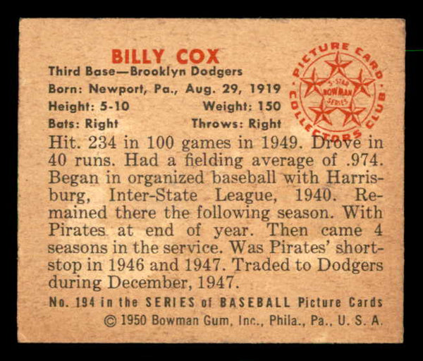 1950 Bowman Baseball #194 Billy Cox Dodgers EX-MT 557344