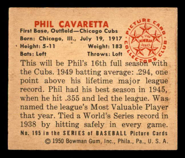 1950 Bowman Baseball #195 Phil Cavarretta Cubs EX-MT 557345