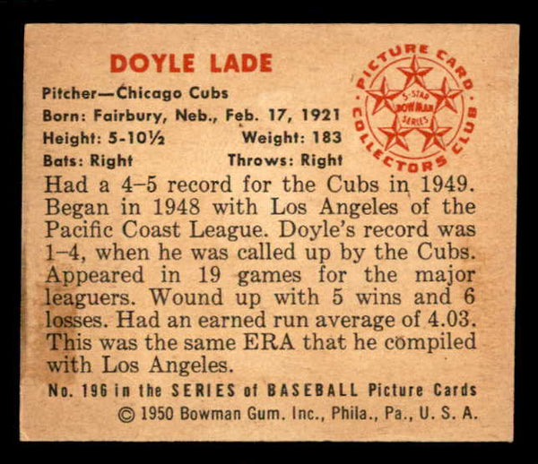 1950 Bowman Baseball #196 Doyle Lade Cubs EX-MT 557346
