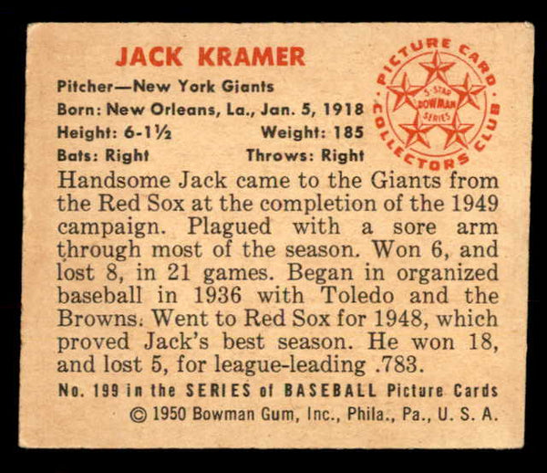 1950 Bowman Baseball #199 Jack Kramer Giants EX 557349