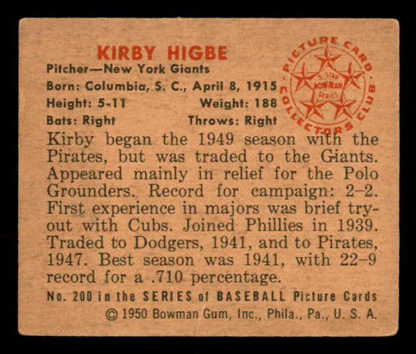 1950 Bowman Baseball #200 Kirby Higbe Giants EX-MT 557350