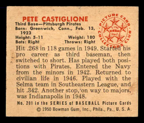 1950 Bowman Baseball #201 Pete Castiglione Pirates EX-MT 557351