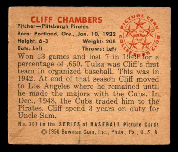 1950 Bowman Baseball #202 Cliff Chambers Pirates EX-MT 557352