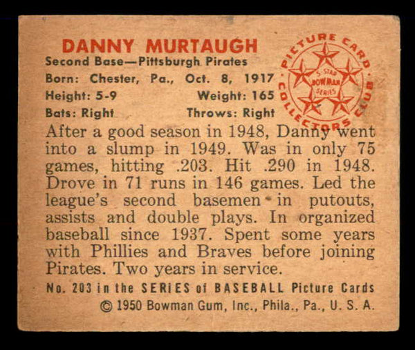 1950 Bowman Baseball #203 Danny Murtaugh Pirates EX-MT 557353