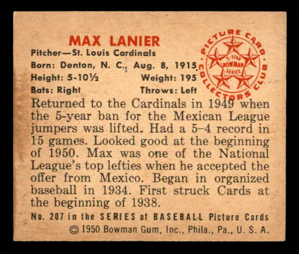 1950 Bowman Baseball #207 Max Lanier Cardinals EX-MT 557354