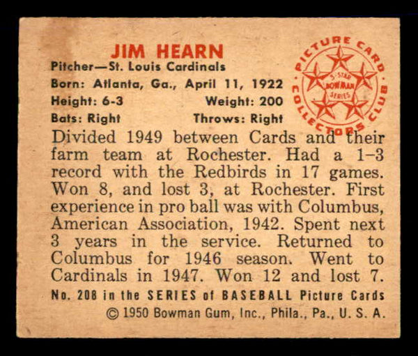 1950 Bowman Baseball #208 Jim Hearn Cardinals EX-MT 557356