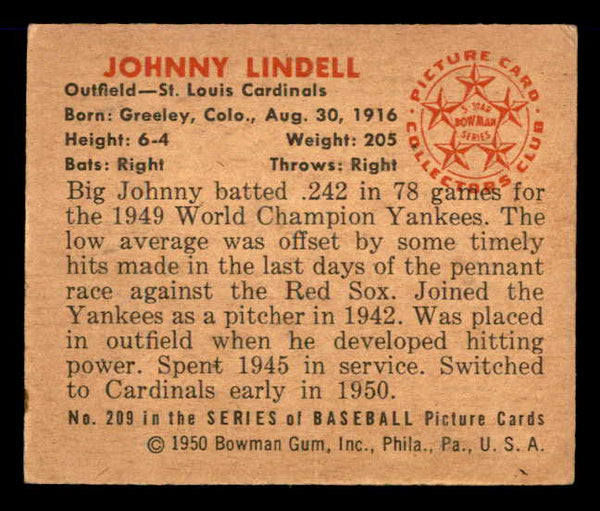 1950 Bowman Baseball #209 Johnny Lindell Cardinals EX-MT 557357