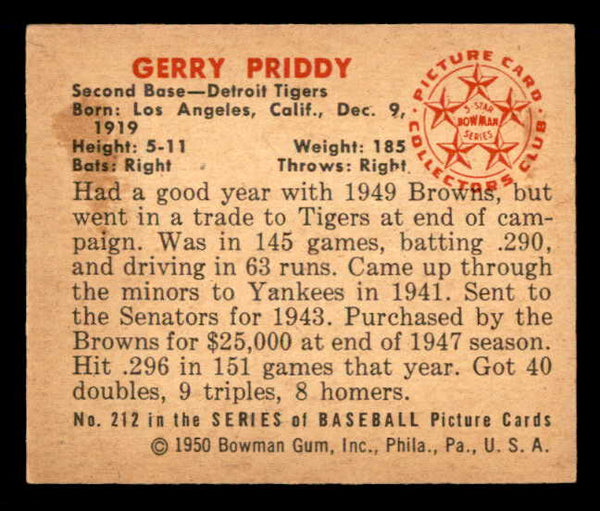 1950 Bowman Baseball #212 Jerry Priddy Tigers EX-MT 557359