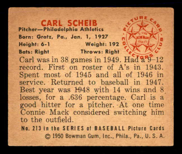 1950 Bowman Baseball #213 Carl Scheib A's EX-MT 557360