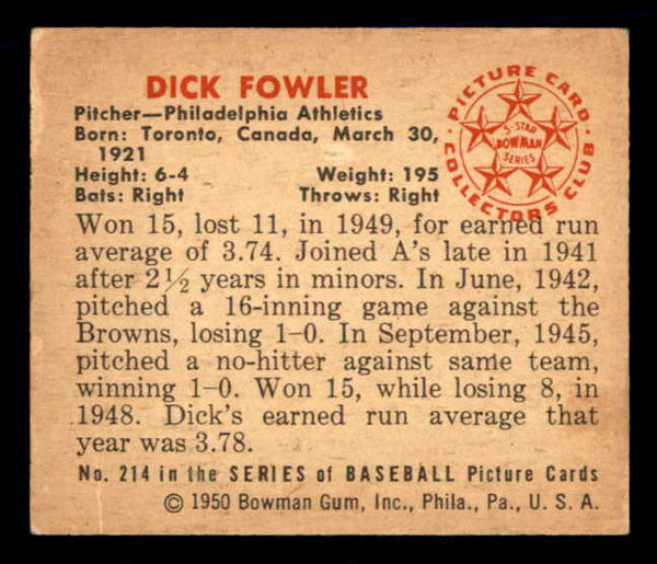 1950 Bowman Baseball #214 Dick Fowler A's EX-MT 557361