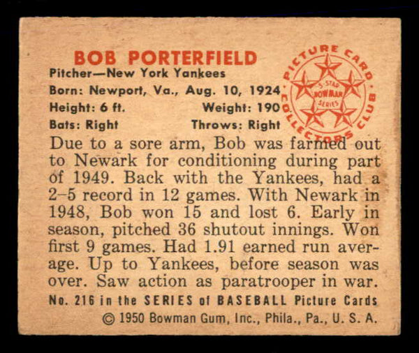 1950 Bowman Baseball #216 Bob Porterfield Yankees EX-MT 557362
