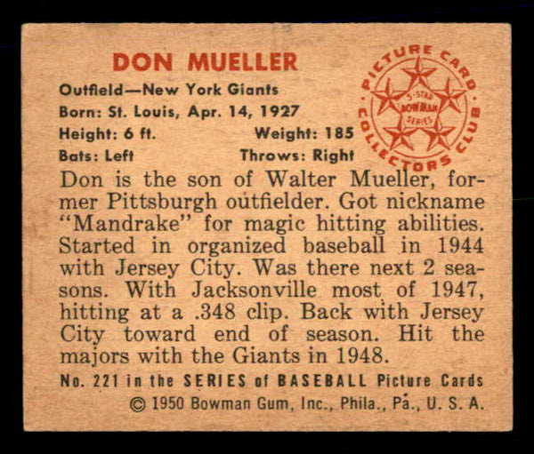 1950 Bowman Baseball #221 Don Mueller Giants EX-MT 557364