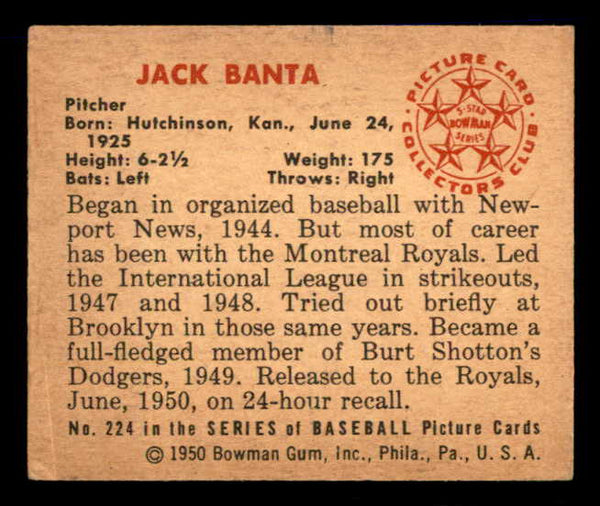 1950 Bowman Baseball #224 Jack Banta Dodgers EX-MT 557365