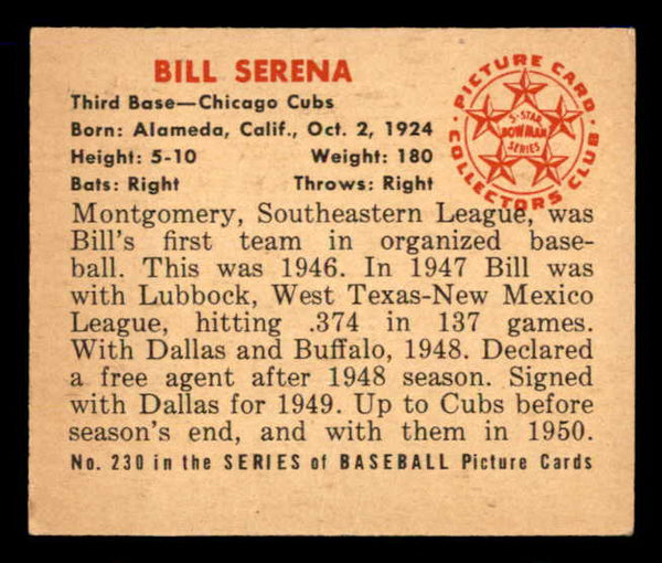 1950 Bowman Baseball #230 Bill Serena Cubs EX-MT No Copyright 557366