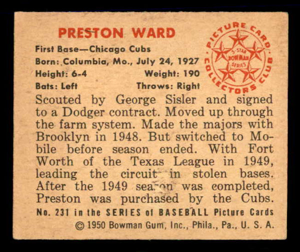 1950 Bowman Baseball #231 Preston Ward Cubs EX-MT 557367