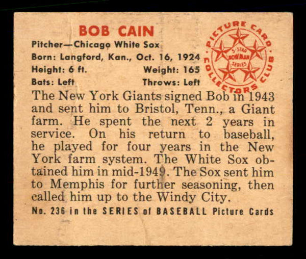1950 Bowman Baseball #236 Bob Cain White Sox EX-MT No Copyright 557371