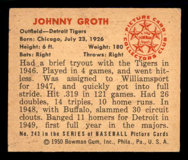 1950 Bowman Baseball #243 Johnny Groth Tigers EX-MT 557375