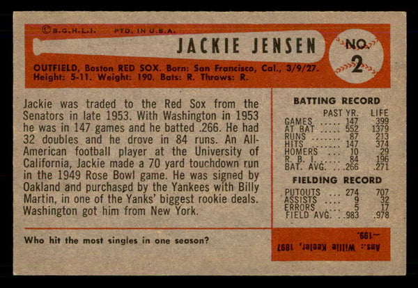 1954 Bowman Baseball #002 Jackie Jensen Red Sox EX-MT 557381
